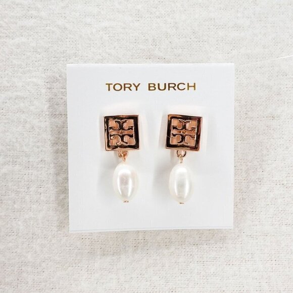 Tory Burch Square Logo Pearl Drop Earrings Rose Gold OS - Picture 1 of 12